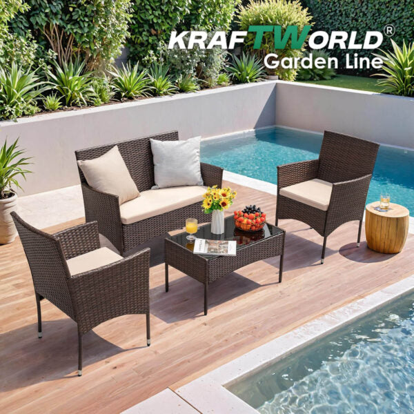 Луксозен Сет Градински Мебели – 2 кресла, диван и маса – Ратанов Комплект Kraftworld Garden