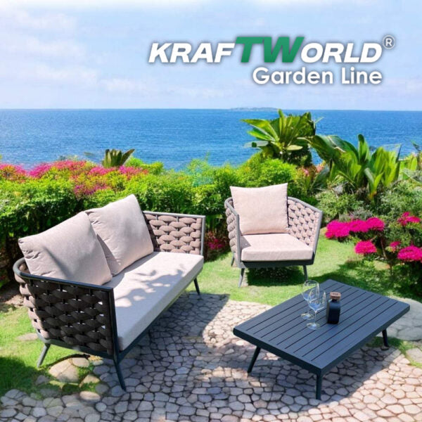 Луксозен Градински комплект Ibiza: диван, 2 кресла и маса с алуминиева рамка и възглавници