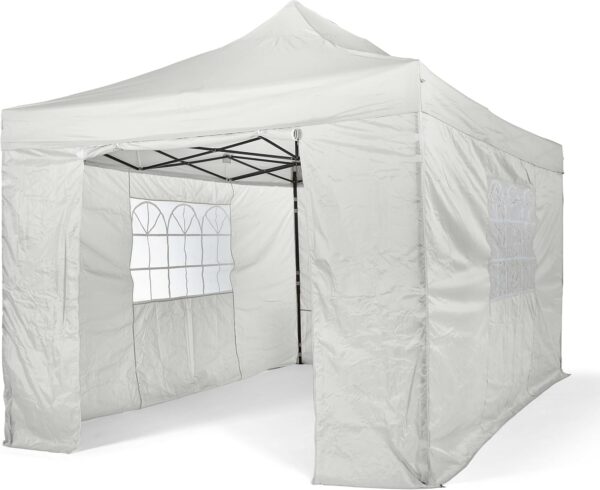Бяла Сгъваема Градинска Шатра 3×3м тип Хармоника– стабилна, водоустойчива и лесна за разпъване
