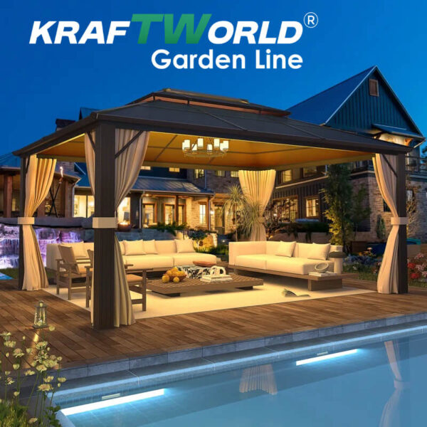 Луксозна Шатра KraftWorld Tenerife – 3×4 м с Твърд Покрив,Мрежа и Завеси