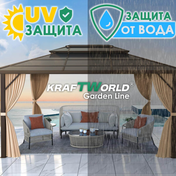 Луксозна Шатра KraftWorld Tenerife – 3×4 м с Твърд Покрив,Мрежа и Завеси