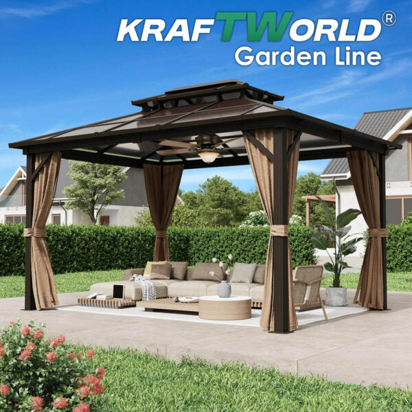 Луксозна Шатра KraftWorld Tenerife – 3×4 м с Твърд Покрив,Мрежа и Завеси