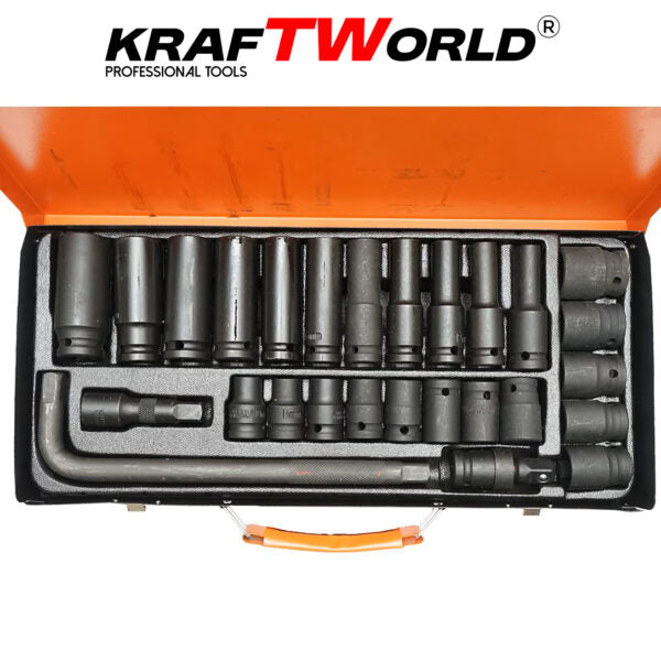 Комплект ударни вложки 27 части KraftWorld – 1/2″, с удължител и ударен кардан