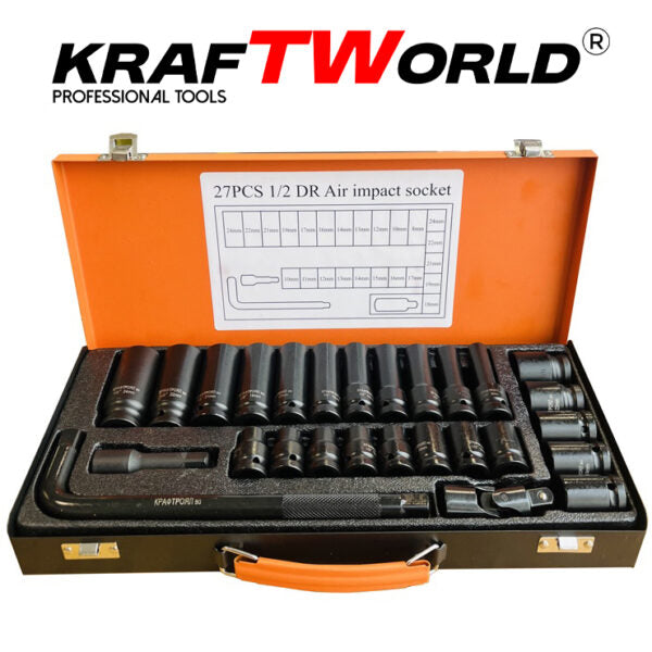 Комплект ударни вложки 27 части KraftWorld – 1/2″, с удължител и ударен кардан