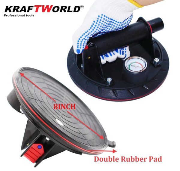 Вендуза с Манометър за Плочки, Стъкла – Вакуумна Помпа 200мм KraftWorld в Куфар