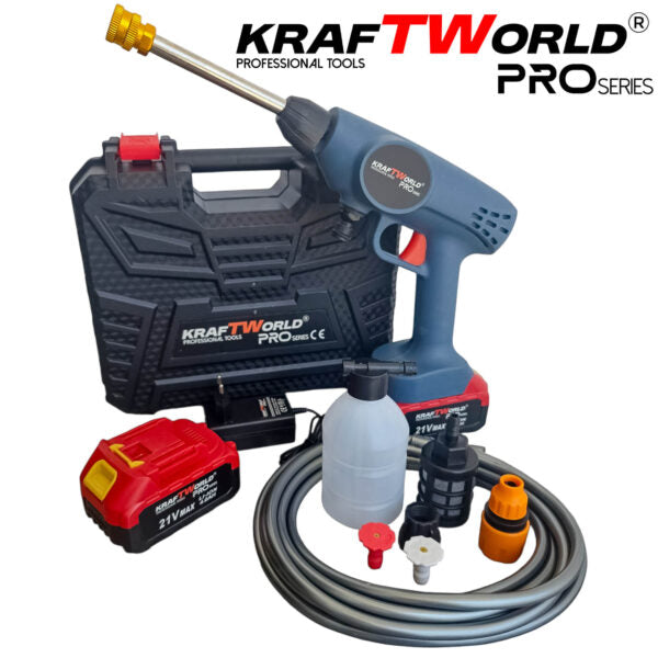 Акумулаторна Водоструйка KraftWorld с 2 Батерии Налягане 26 бара + Kонтейнер за Препарат и Аксесоари