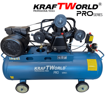 Професионален компресор за въздух KraftWorld Pro 100 литра, ремъчно задвижване