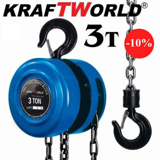 Ръчна лебедка 3t с верига с лостов механизъм KraftWorld 3m въже