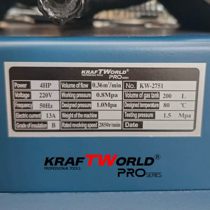 Трибутален въздушен компресор KraftWorld 200L | 4HP | 8 bar
