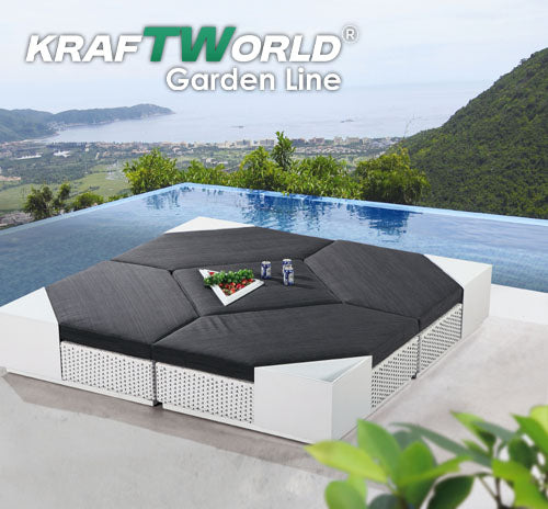 Луксозен Градински Сет Monaco: бял ратан с 4 модула и табуретка/маса с тъмносиви възглавници