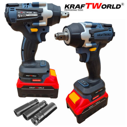 Комплект 4в1 KraftWorld Безчеткови Машини Гайковерт-винтоверт, Ъглошлайф и Перфоратор
