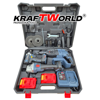 Комплект 4в1 KraftWorld Безчеткови Машини Гайковерт-винтоверт, Ъглошлайф и Перфоратор