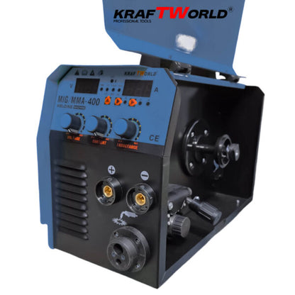 Професионален Инверторен Електрожен KraftWorld 400А с Телоподаващо 2в1 – Компактен и Мощен