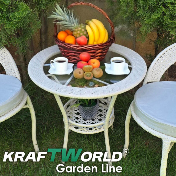 Кръгла Ратанова Маса с Закалено Стъкло – Модел Teresa, Подходяща за Балкон и Градина