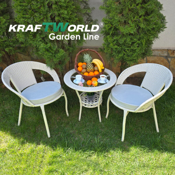 Ратанов Комплект с Маса и Два Стола – Стил и Комфорт за Вашата Градина в Бяло/Екрю!