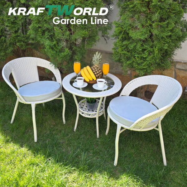 Ратанов Комплект с Маса и Два Стола – Стил и Комфорт за Вашата Градина в Бяло/Екрю!