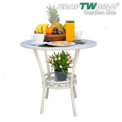 Кръгла Ратанова Маса с Закалено Стъкло – Модел Teresa, Подходяща за Балкон и Градина