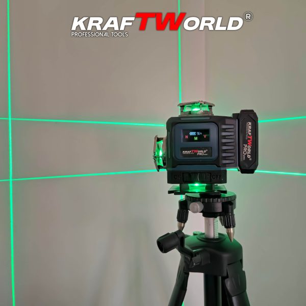 Лазерен нивелир Kraftworld PRO 4×360° с тъчскрийн дисплей, дистанционно и пълен комплект в куфар