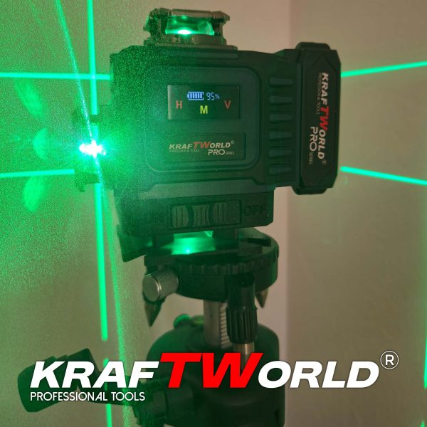 Лазерен нивелир Kraftworld PRO 4×360° с тъчскрийн дисплей, дистанционно и пълен комплект в куфар