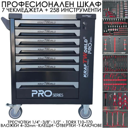 Професионален Шкаф с инструменти KraftWorld PRO 7 Пълни Чекмеджета – 258 Инструмента