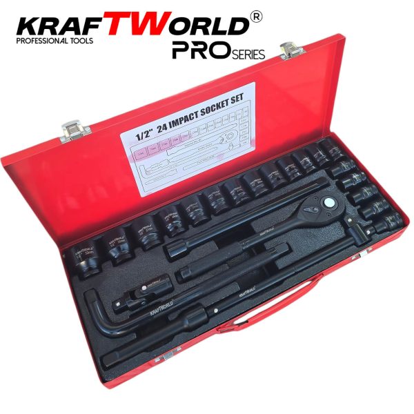 Комплект ударни вложки KraftWorld 1/2″ – 24 части в метален куфар