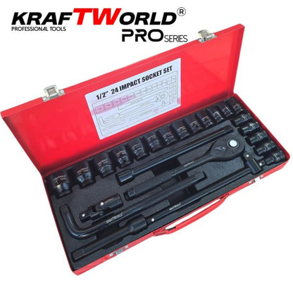 Комплект ударни вложки KraftWorld 1/2″ – 24 части в метален куфар