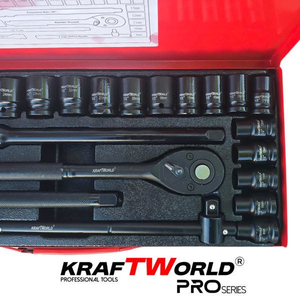 Комплект ударни вложки KraftWorld 1/2″ – 24 части в метален куфар