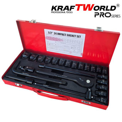 Комплект ударни вложки KraftWorld 1/2″ – 24 части в метален куфар