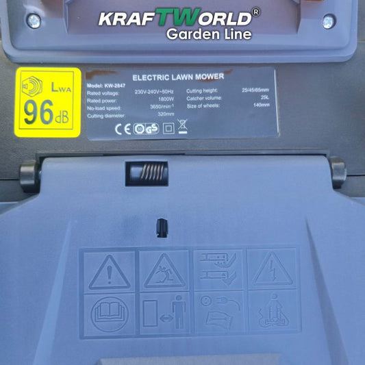 Електрическа косачка KraftWorld 1800W с кош 25L и регулиране на височината
