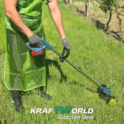 Акумулаторен тример с колела KraftWorld 21V 2Ah – 2 батерии, ножове и предпазител