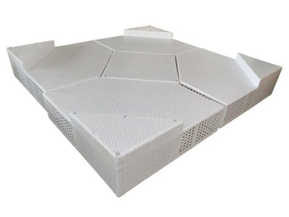 Луксозен Градински Сет Monaco: бял ратан с 4 модула и табуретка/маса с тъмносиви възглавници