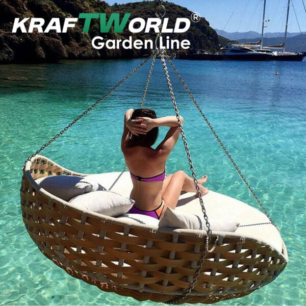 Градинско ратаново легло/люлка Cancun: Ø160 см с възглавници и масичка