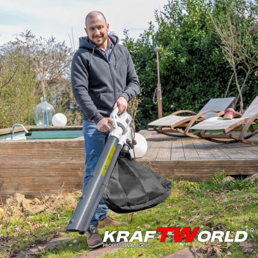 Електрически листосъбирач KraftWorld 3000W – Издухване, Засмукване, Раздробяване + Подарък втора торба