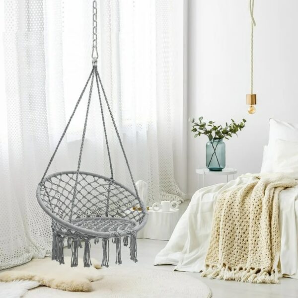 Висящо гнездо Макраме  – Градинска Въжена Люлка – Бяла, Сива и Черна