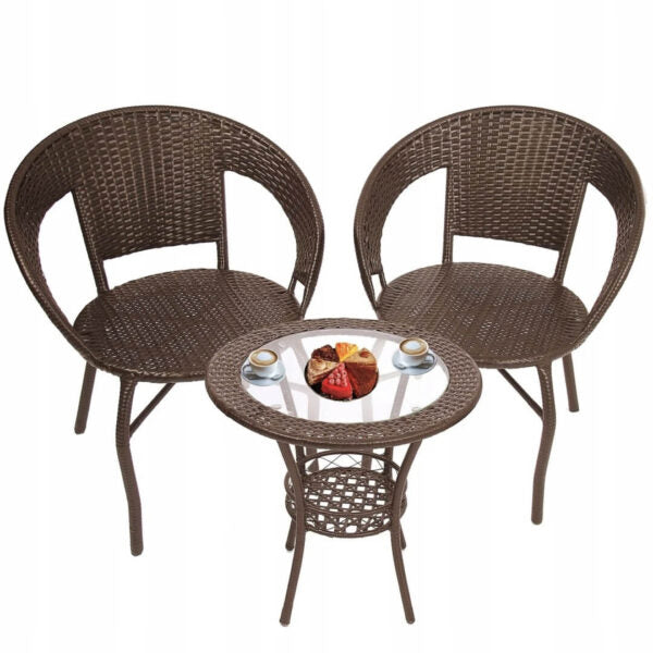 Ратанов Комплект с Маса и Два Стола в Тъмно Кафяво – Стил и Комфорт за Вашата Градина!