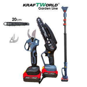 3в1 Акумулаторен Градински Комплект KraftWorld – Резачка, Ножица и Телескопичен Прът