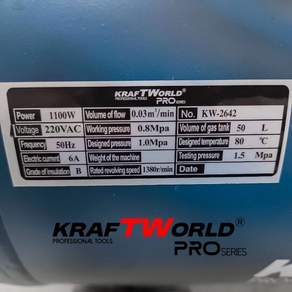 Тих Безмаслен компресор за въздух Kraftworld Pro 50L | 1100W | 0.8MPa