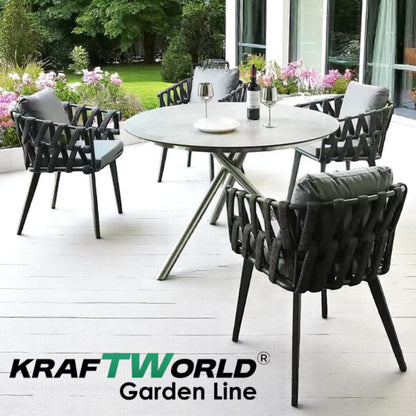 Градински комплект Хага: 4 алуминиеви стола с възглавници + маса Ø90 см