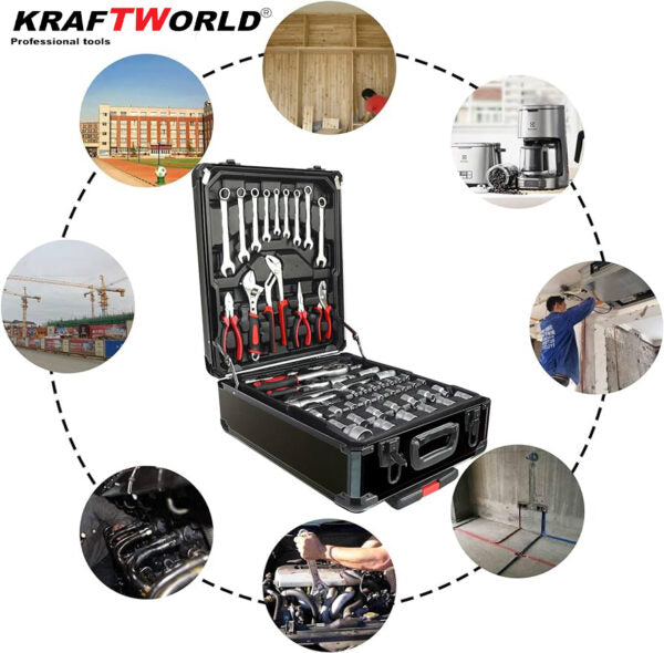 Куфар с инструменти 1200 части KraftWorld – тресчотни ключове,тресчотка, клещи, отвертки