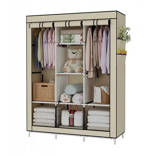 Трикрилен текстилен гардероб с 8 рафта и лост за дрехи