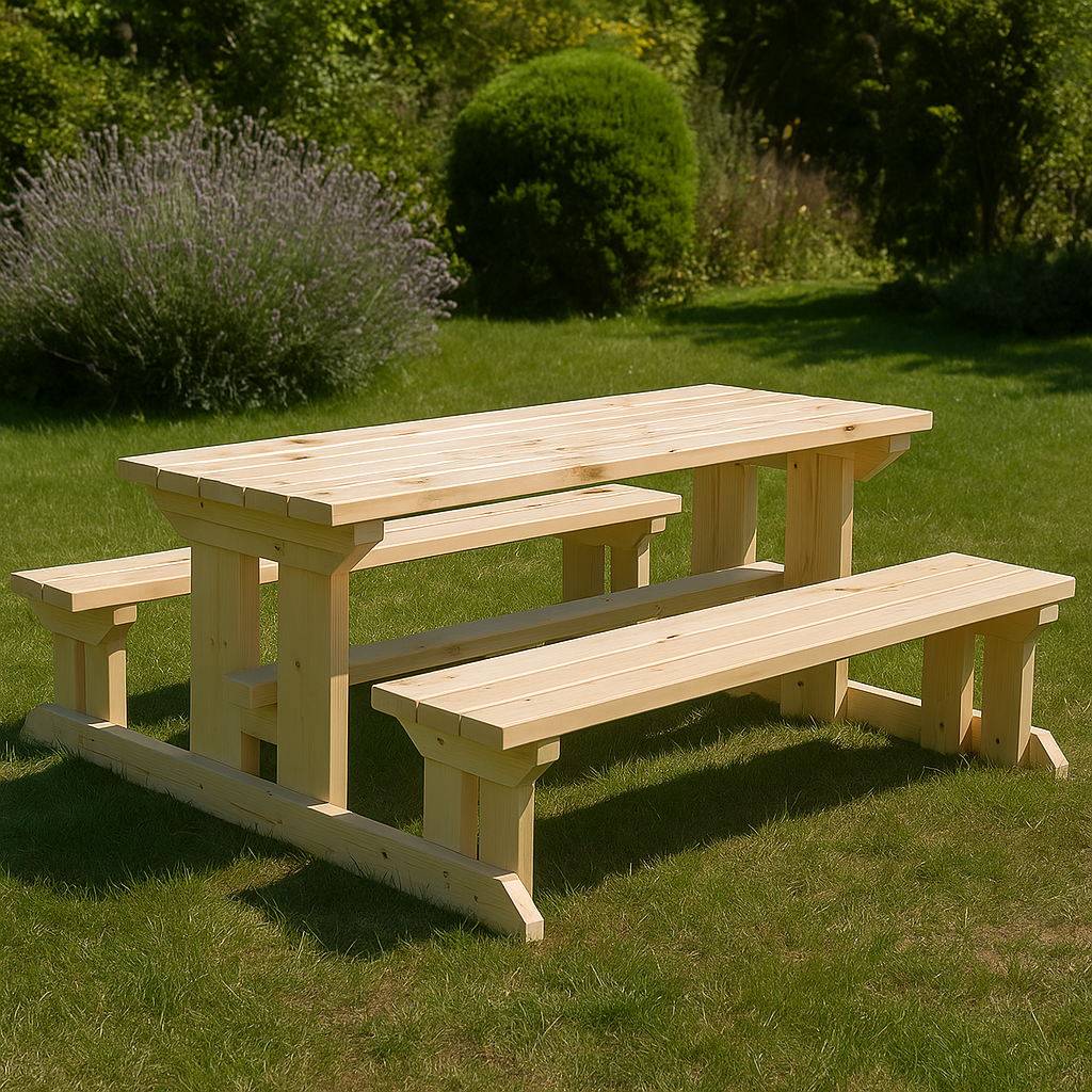 Дървен градински комплект „Баварски“ – маса и две пейки от масив 200×80 см