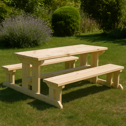 Дървен градински комплект „Баварски“ – маса и две пейки от масив 200×80 см