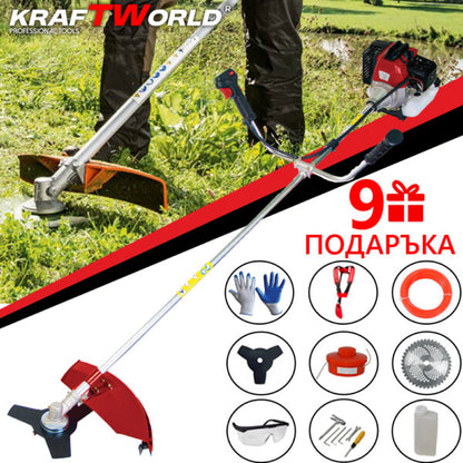 Бензинов Тример за Трева KraftWorld с ПОДАРЪК Фреза – Пълен Комплект Аксесоари