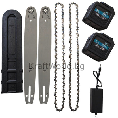 Акумулаторна Резачка за Дърва 40 см с Двойна Батерия, 2 Шини и 2 Вериги