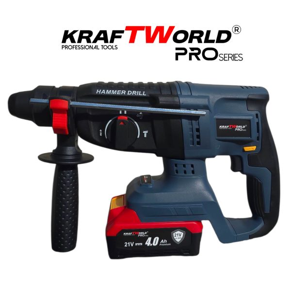 Акумулаторен перфоратор Kraftworld Pro– 21V, 4.0Ah, безчетков мотор, 2 батерии