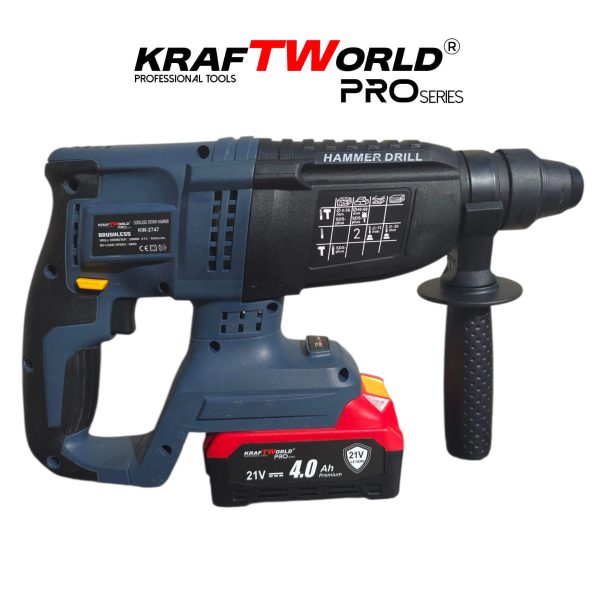 Акумулаторен перфоратор Kraftworld Pro– 21V, 4.0Ah, безчетков мотор, 2 батерии