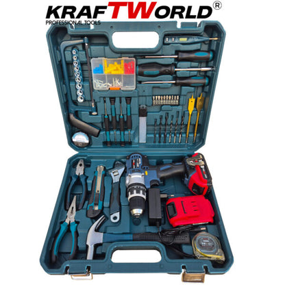 Акумулаторен Ударен Винтоверт KraftWorld с 2 Батерии + 111 Части Инструменти в Куфар