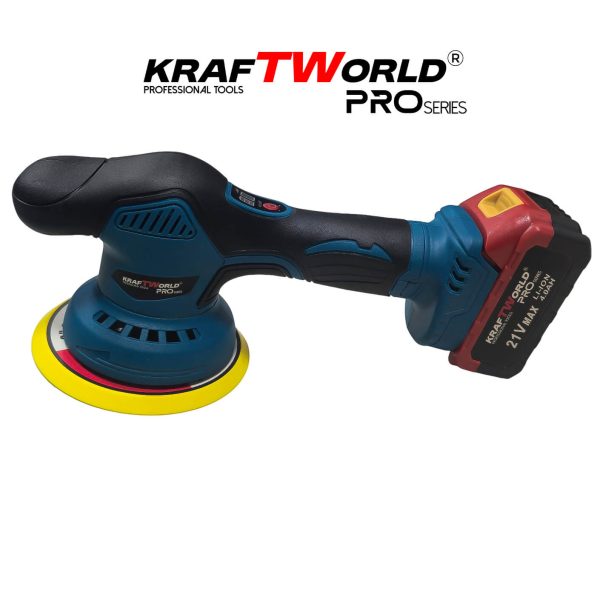 Акумулаторна ексцентрична полирмашина Ø150 мм KraftWorld 21V с 2 батерии и аксесоари