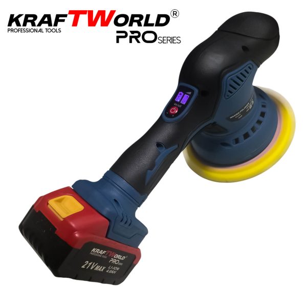 Акумулаторна ексцентрична полирмашина Ø150 мм KraftWorld 21V с 2 батерии и аксесоари