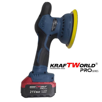 Акумулаторна ексцентрична полирмашина Ø150 мм KraftWorld 21V с 2 батерии и аксесоари